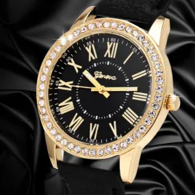 Fashion Women Analog Synthetic Leather Watchband Rhinestone Decoration Quartz Casual Watch Wristwatch