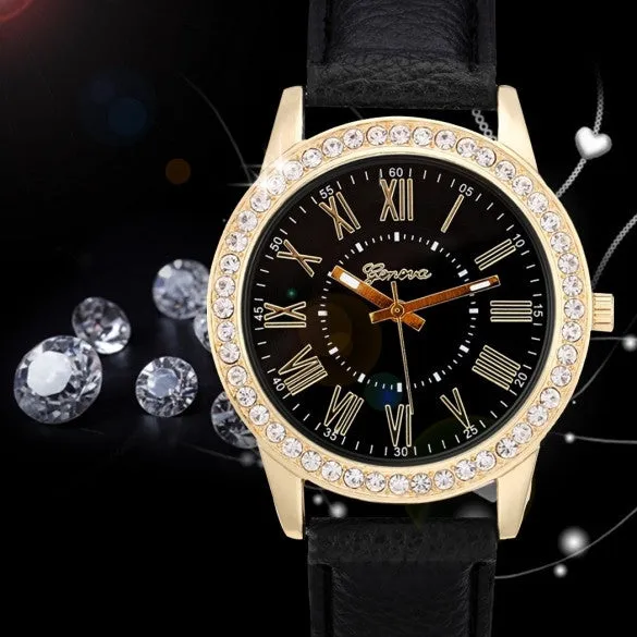Fashion Women Analog Synthetic Leather Watchband Rhinestone Decoration Quartz Casual Watch Wristwatch