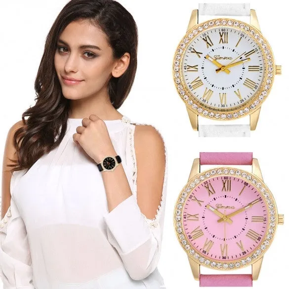 Fashion Women Analog Synthetic Leather Watchband Rhinestone Decoration Quartz Casual Watch Wristwatch