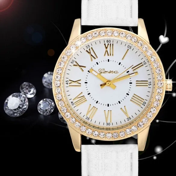 Fashion Women Analog Synthetic Leather Watchband Rhinestone Decoration Quartz Casual Watch Wristwatch