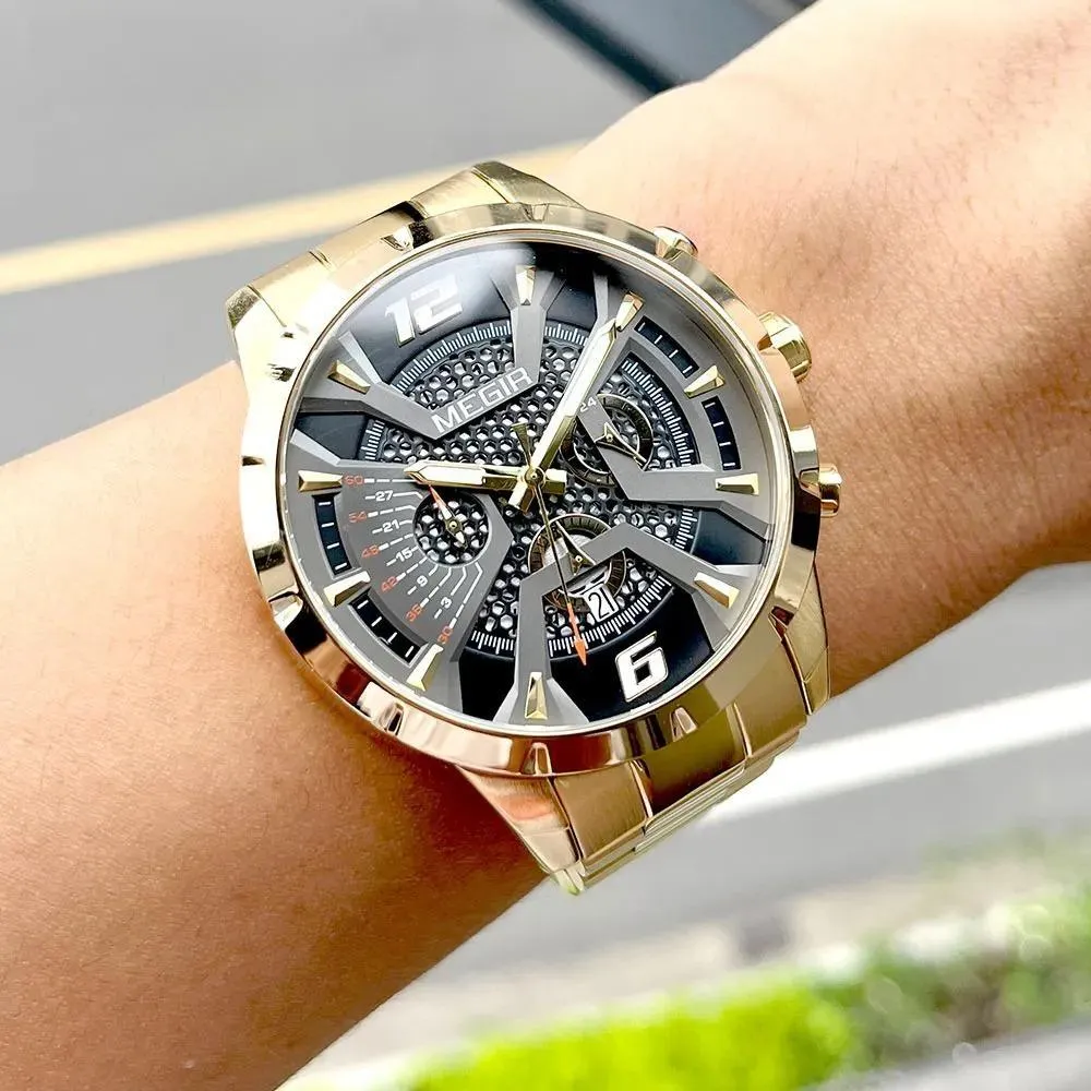 Gold Dress Quartz Watch for Men Fashion Waterproof Chronograph Analog Wristwatch