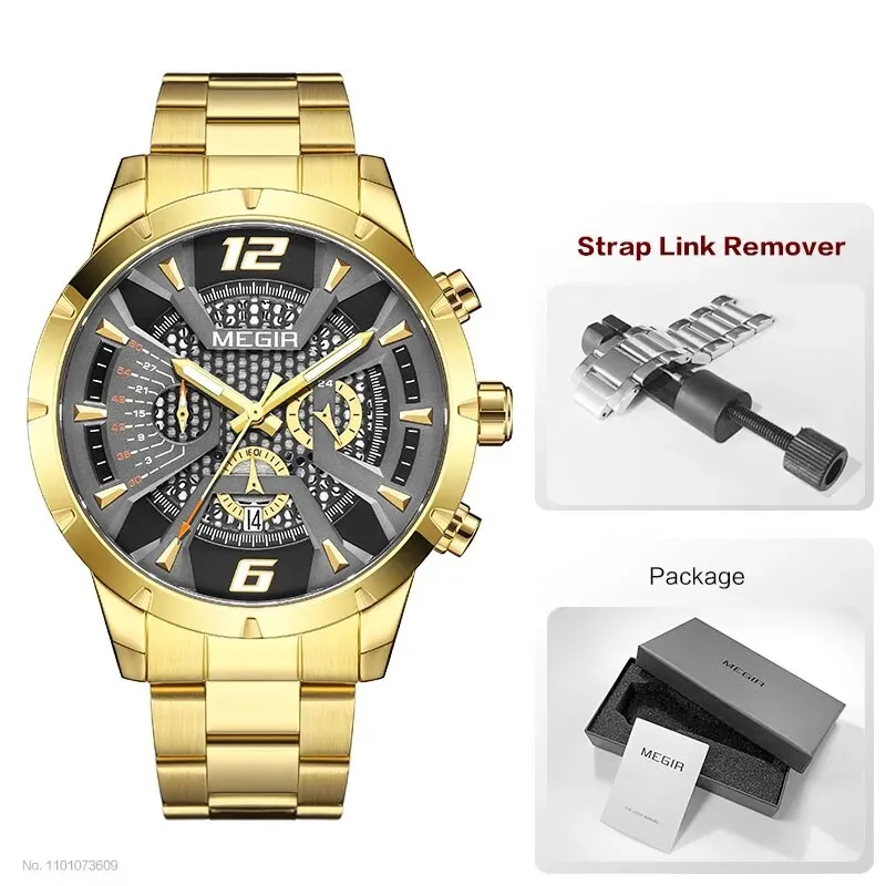 Gold Dress Quartz Watch for Men Fashion Waterproof Chronograph Analog Wristwatch