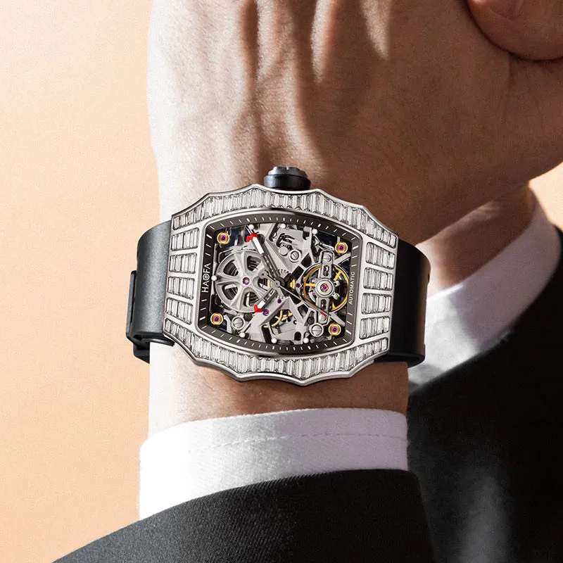 HAOFA Trapezoidal Black White Crystal Automatic Watch 1983