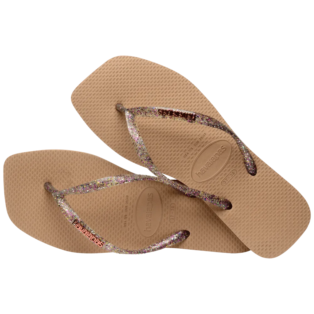Havaianas Slim Square Logo Metallic Flip Flops, Rose Gold