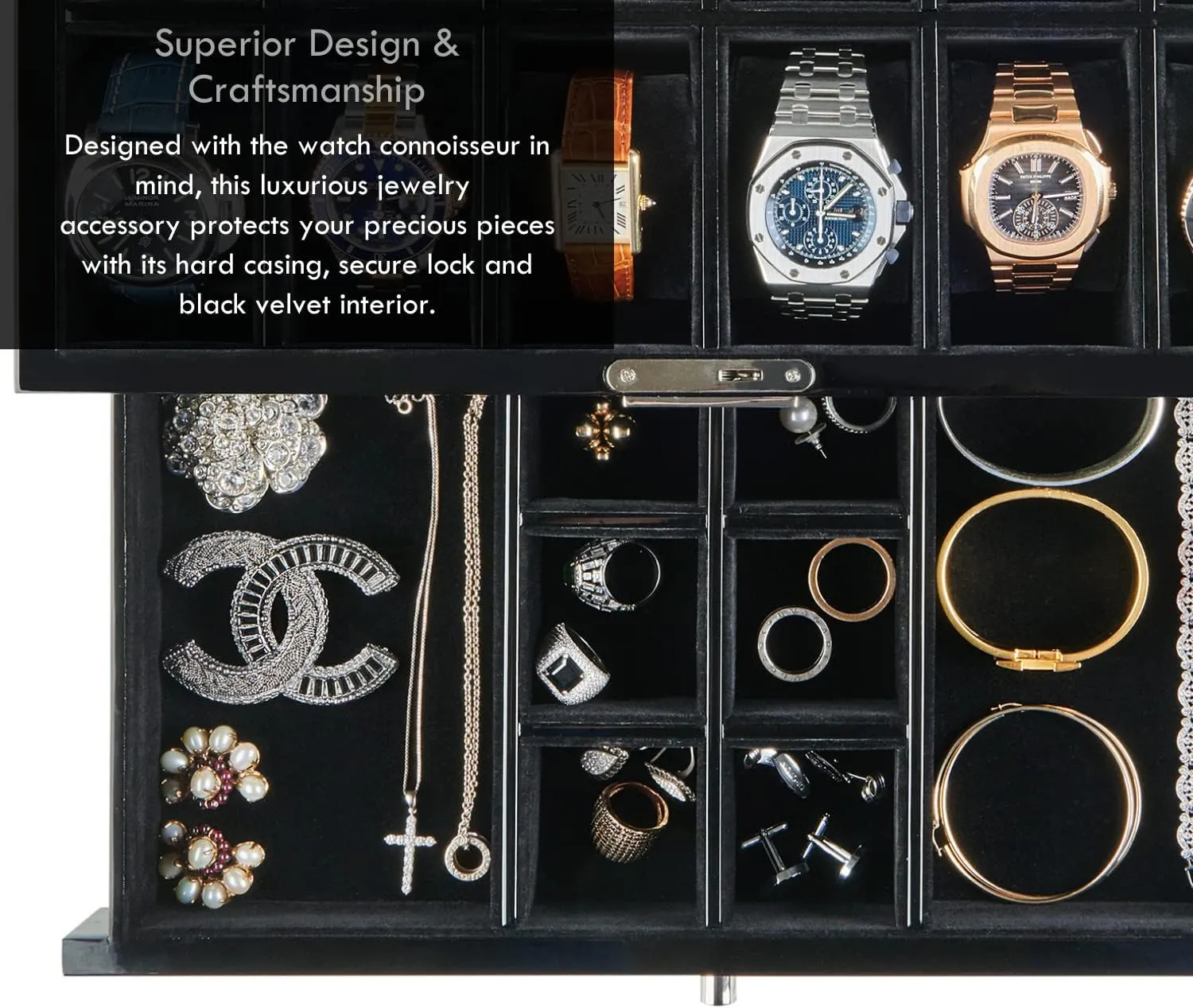 HAWK & GABLE Luxury 12 Slot Watch Box Organizer with Valet Drawer, Glass Display and Lock, Wide Compartments Fit Large Watches, Velvet Lining, Men’s Jewelry Case, Carbon Fibre Finish (Specter Valet)