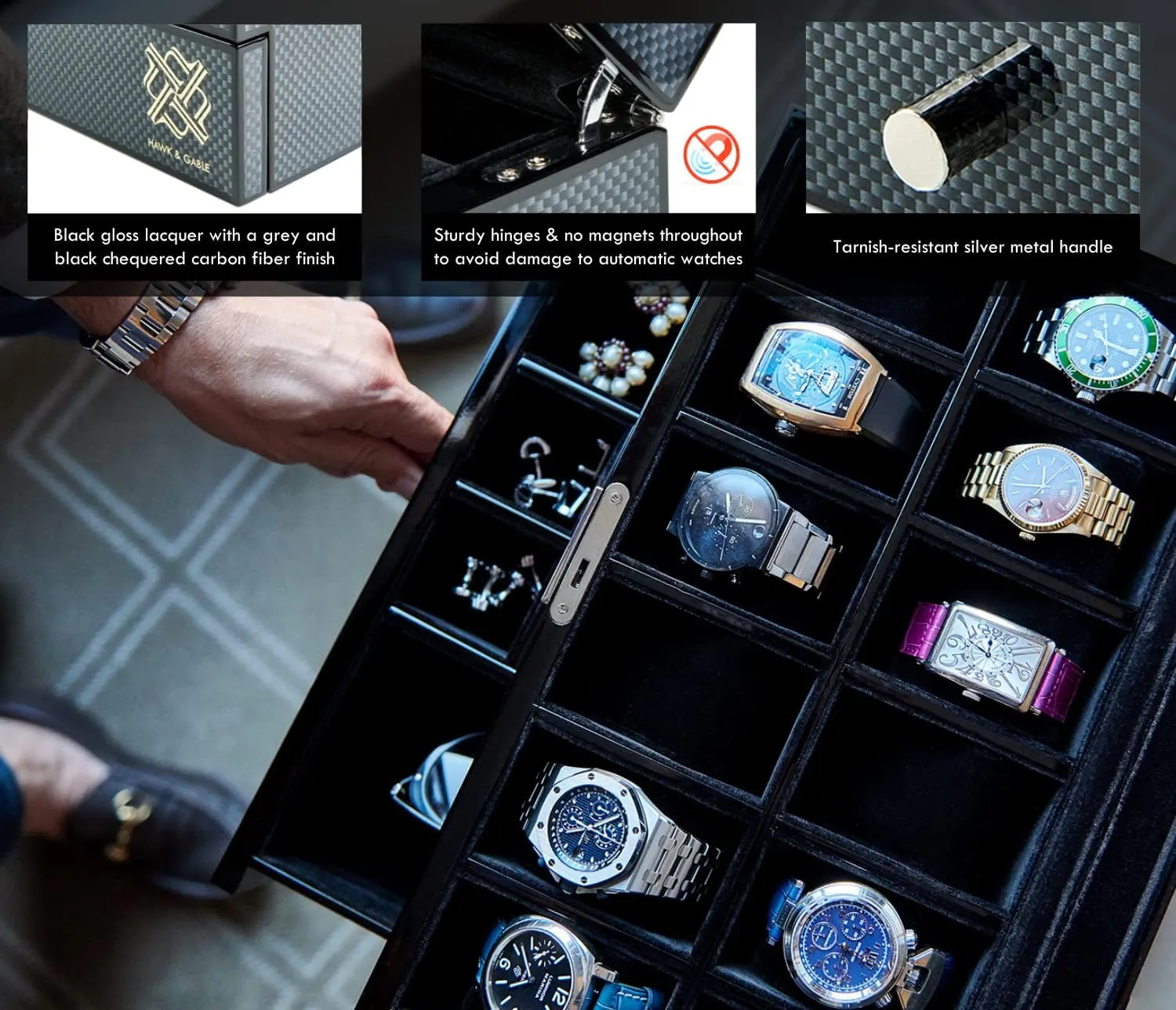 HAWK & GABLE Luxury 12 Slot Watch Box Organizer with Valet Drawer, Glass Display and Lock, Wide Compartments Fit Large Watches, Velvet Lining, Men’s Jewelry Case, Carbon Fibre Finish (Specter Valet)