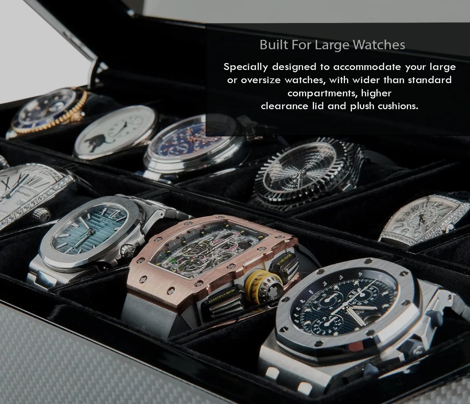 HAWK & GABLE Luxury 12 Slot Watch Box Organizer with Valet Drawer, Glass Display and Lock, Wide Compartments Fit Large Watches, Velvet Lining, Men’s Jewelry Case, Carbon Fibre Finish (Specter Valet)