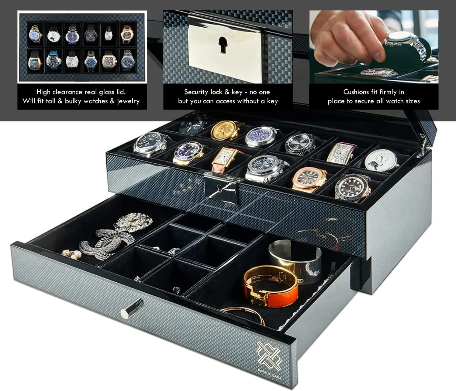 HAWK & GABLE Luxury 12 Slot Watch Box Organizer with Valet Drawer, Glass Display and Lock, Wide Compartments Fit Large Watches, Velvet Lining, Men’s Jewelry Case, Carbon Fibre Finish (Specter Valet)