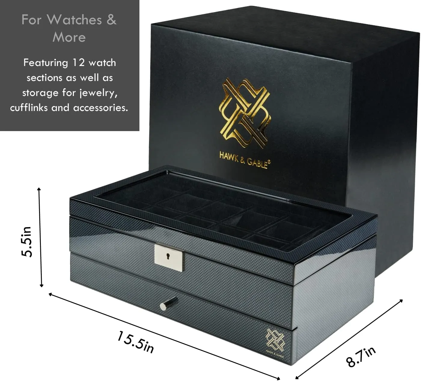 HAWK & GABLE Luxury 12 Slot Watch Box Organizer with Valet Drawer, Glass Display and Lock, Wide Compartments Fit Large Watches, Velvet Lining, Men’s Jewelry Case, Carbon Fibre Finish (Specter Valet)