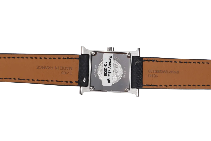 HERMES H.HEURE PM WATCH SILVER BLACK STRAP WITH CERT & BOX