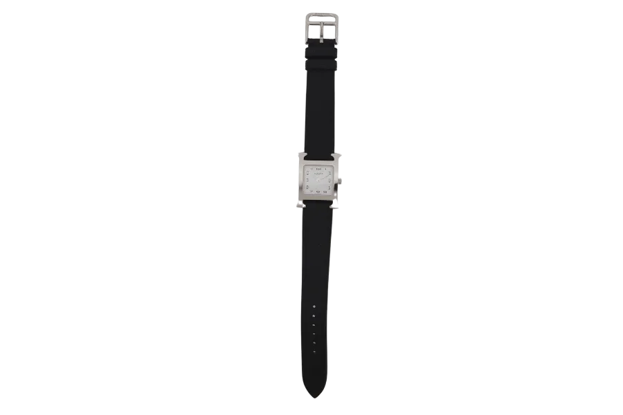 HERMES H.HEURE PM WATCH SILVER BLACK STRAP WITH CERT & BOX