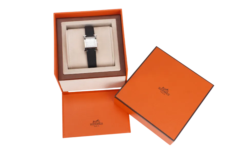 HERMES H.HEURE PM WATCH SILVER BLACK STRAP WITH CERT & BOX