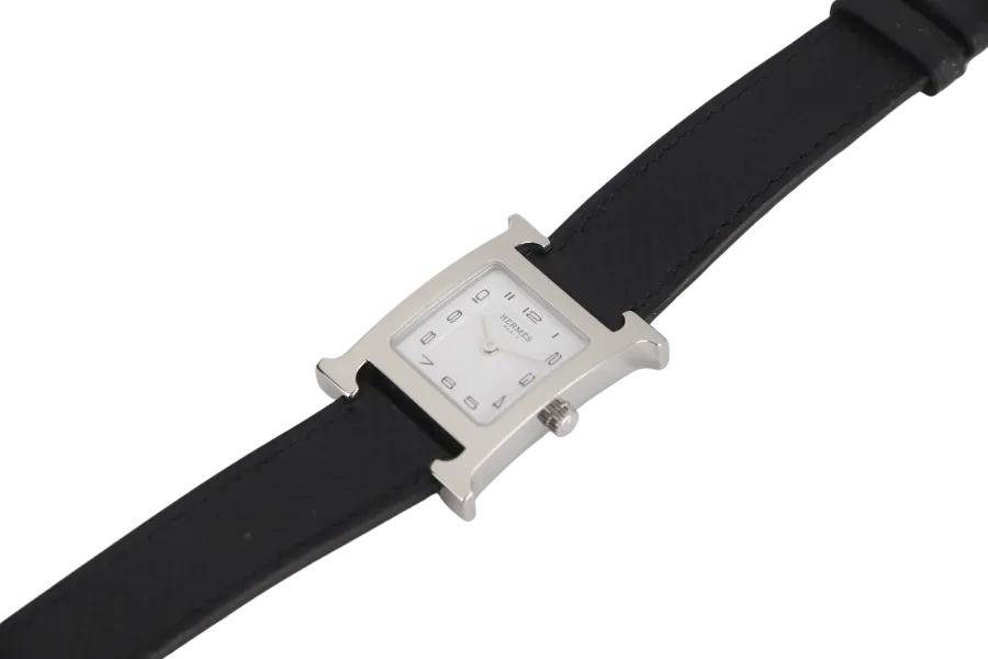 HERMES H.HEURE PM WATCH SILVER BLACK STRAP WITH CERT & BOX