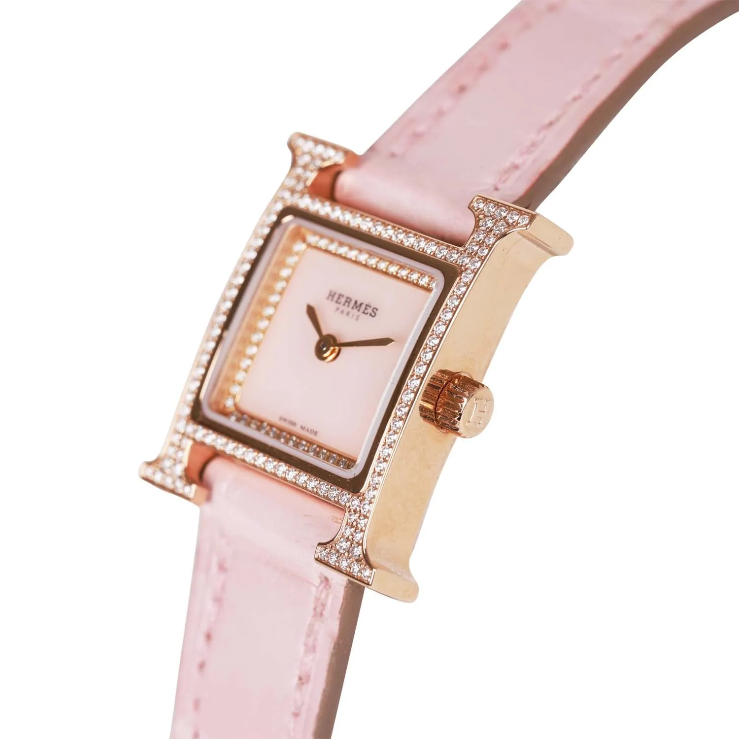 Hermes Rose Pale and Rose Opal Matte Alligator Heure H XS Diamond Watch