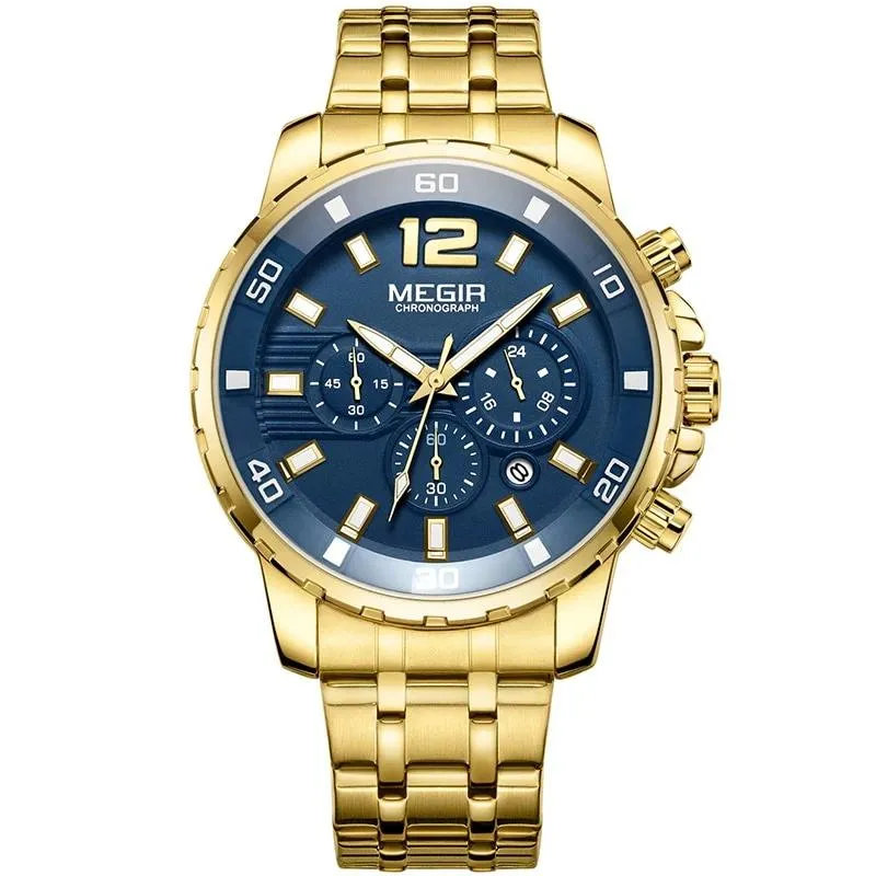 Men's Gold Stainless Steel Quartz Watches Business Chronograph Analgue Wristwatch Waterproof Luminous