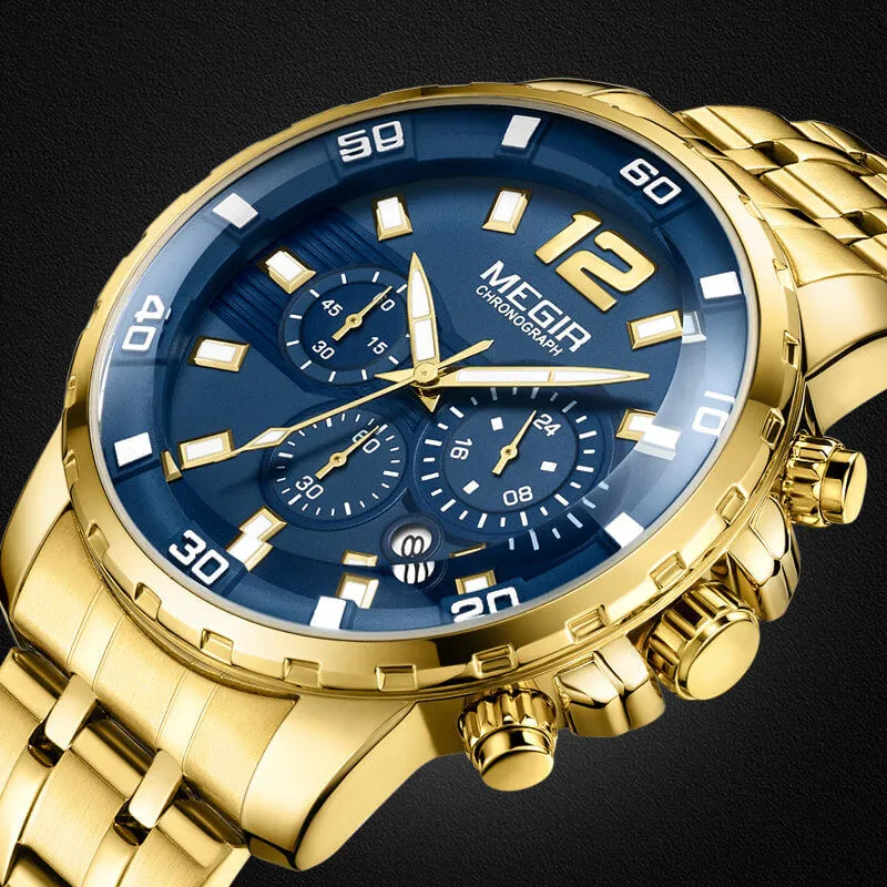 Men's Gold Stainless Steel Quartz Watches Business Chronograph Analgue Wristwatch Waterproof Luminous
