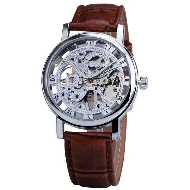 Men's Mechanical Watch Fashion Casual Retro Roman Style Hollow-out Watch