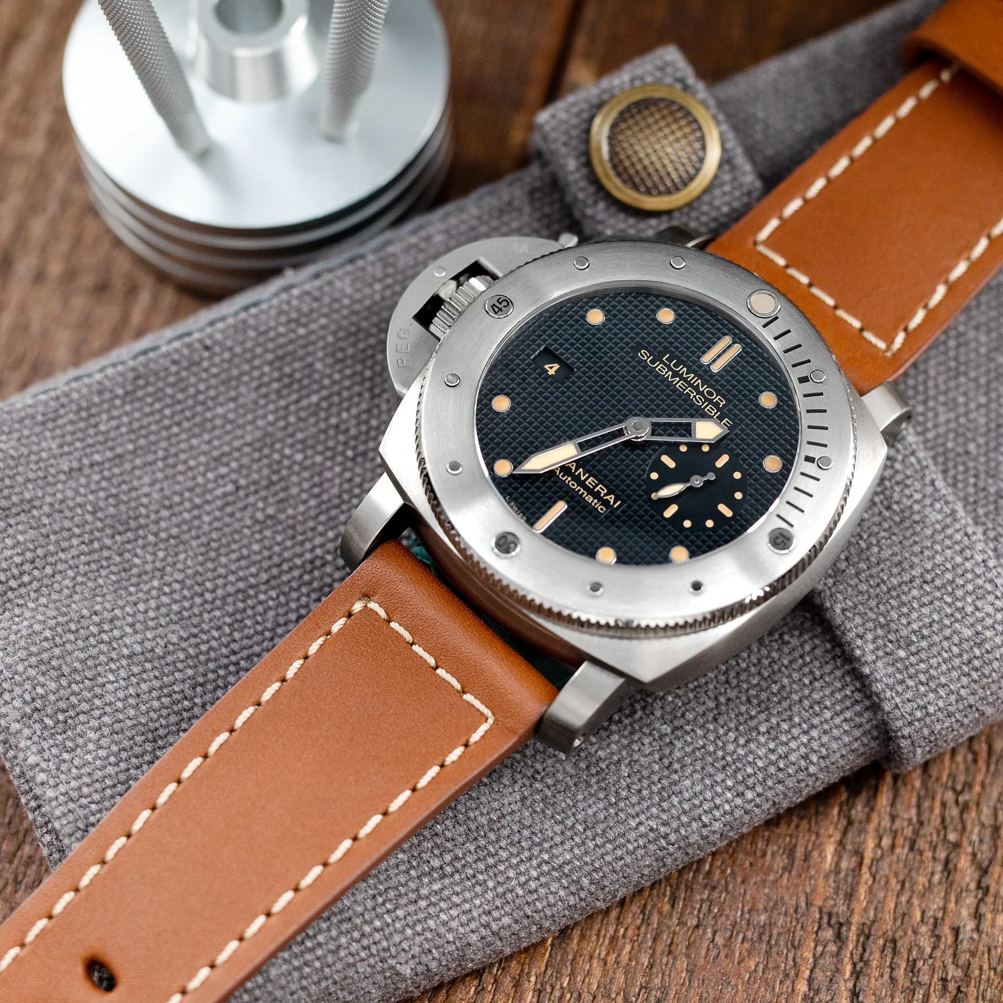 Pam Collection, Brown French Crafted Barenia Leather Strap for Panerai, Beige Stitch.