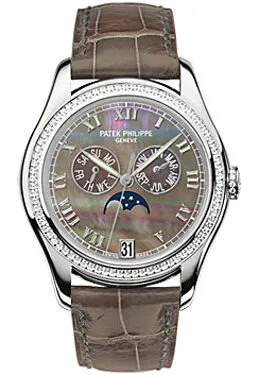 Patek Philippe Black Mother of Pearl Dial 18kt White Gold Brown Leather Automatic Diamond Ladies Watch 4936G-001