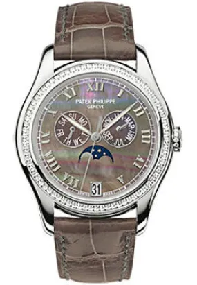 Patek Philippe Black Mother of Pearl Dial 18kt White Gold Brown Leather Automatic Diamond Ladies Watch 4936G-001