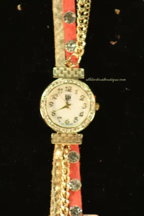 Pink & Gold/White, Gold Chain, Clear Rhinestones | Leather Band w/ Button Clasp