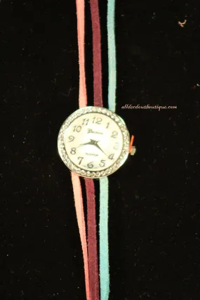 Pink, Purple, Blue/White, Silver Studs and Clear Rhinestones Leather Band w/ Button Clasp