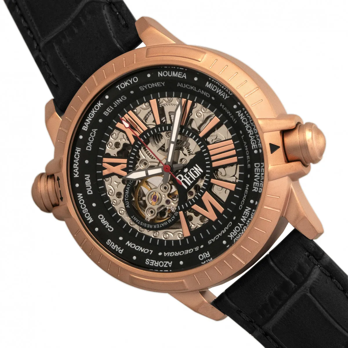 Reign Thanos Automatic Leather-Band Watch - Rose Gold/Black