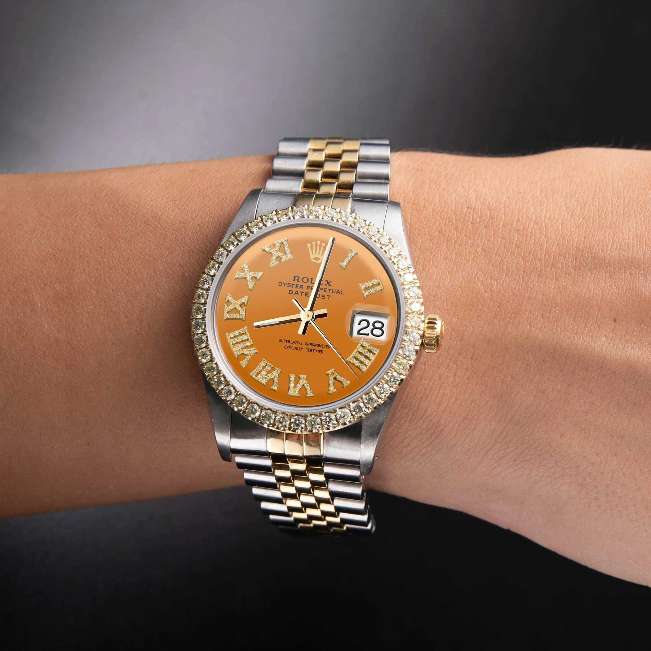 Rolex Datejust Diamond Bezel Watch 36mm Orange Roman Numeral Dial | 2.10ct