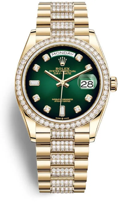 Rolex Day-Date 36 Green Dial 18kt Yellow Gold Diamond Set President Watch 128348GNDDP