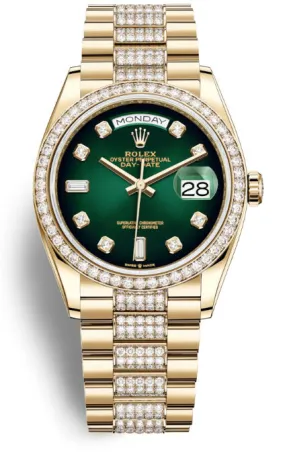 Rolex Day-Date 36 Green Dial 18kt Yellow Gold Diamond Set President Watch 128348GNDDP