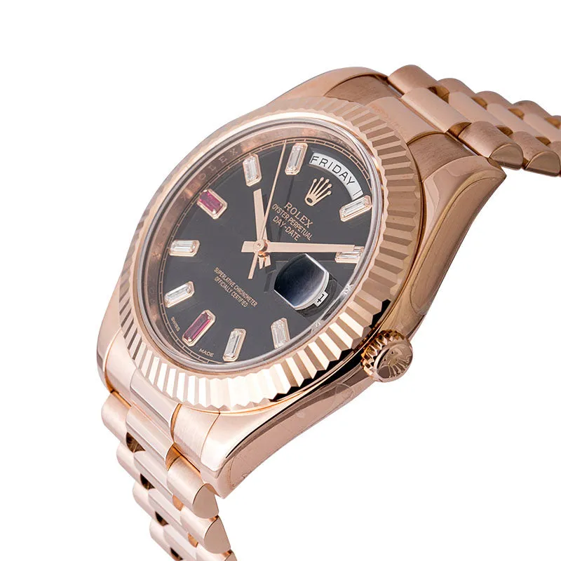 Rolex Day-Date 41 18ct Everose Gold Black Dial with Diamonds and Rubies 218235