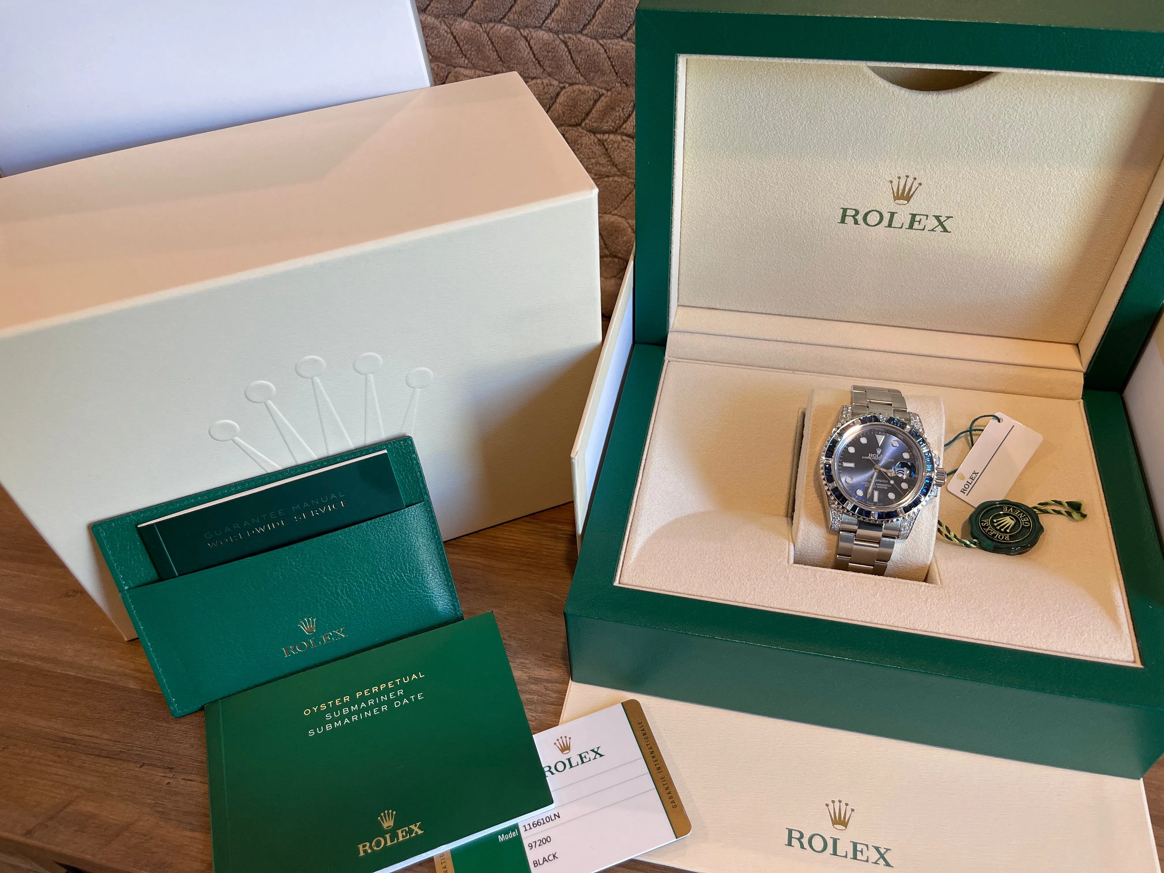 Rolex Submariner 116610LN 40mm Mens Stainless Steel Watch Custom Sapphire and Diamond Bezel for 116659 SABR Refinished Blue Dial Mint