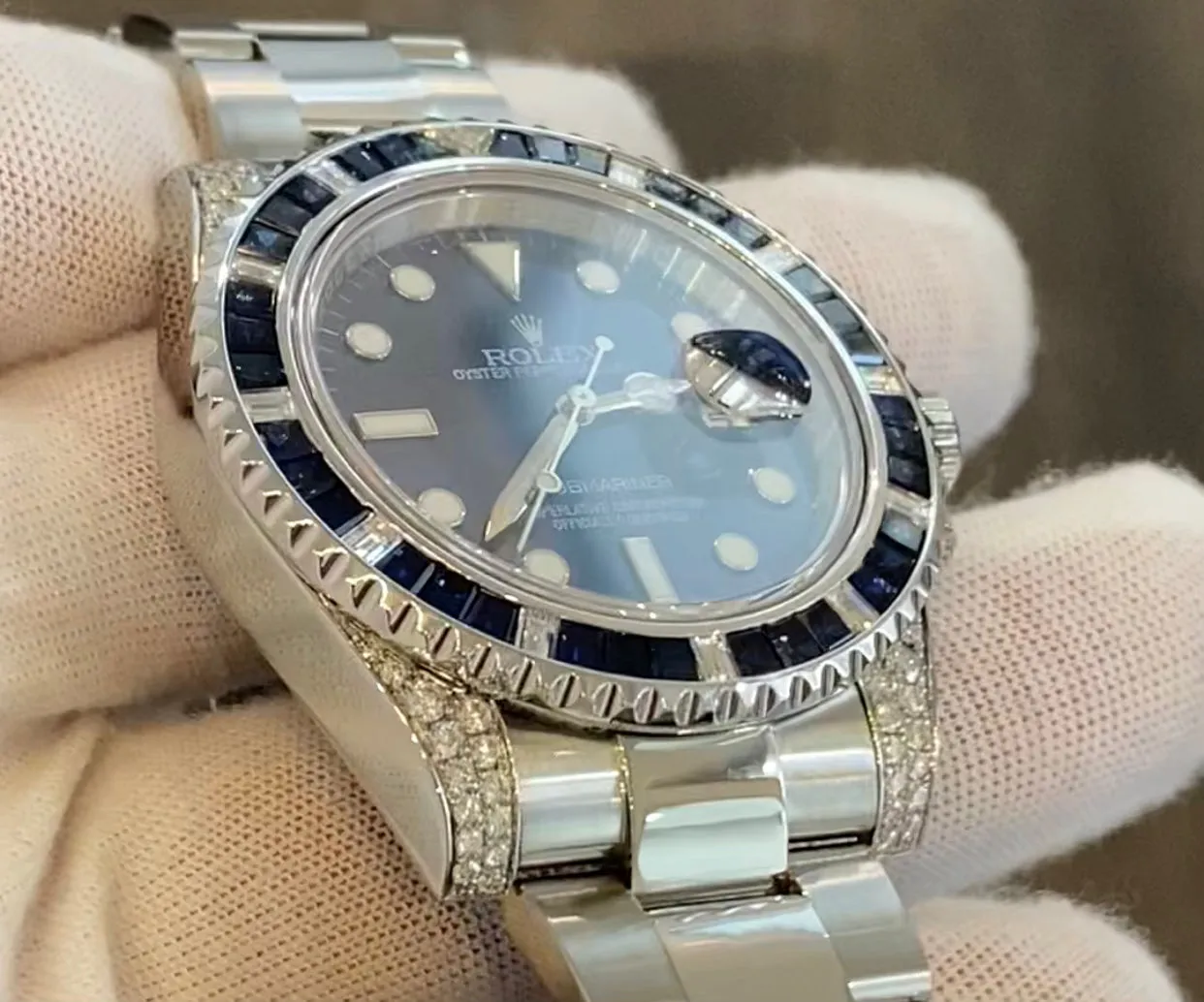 Rolex Submariner 116610LN 40mm Mens Stainless Steel Watch Custom Sapphire and Diamond Bezel for 116659 SABR Refinished Blue Dial Mint