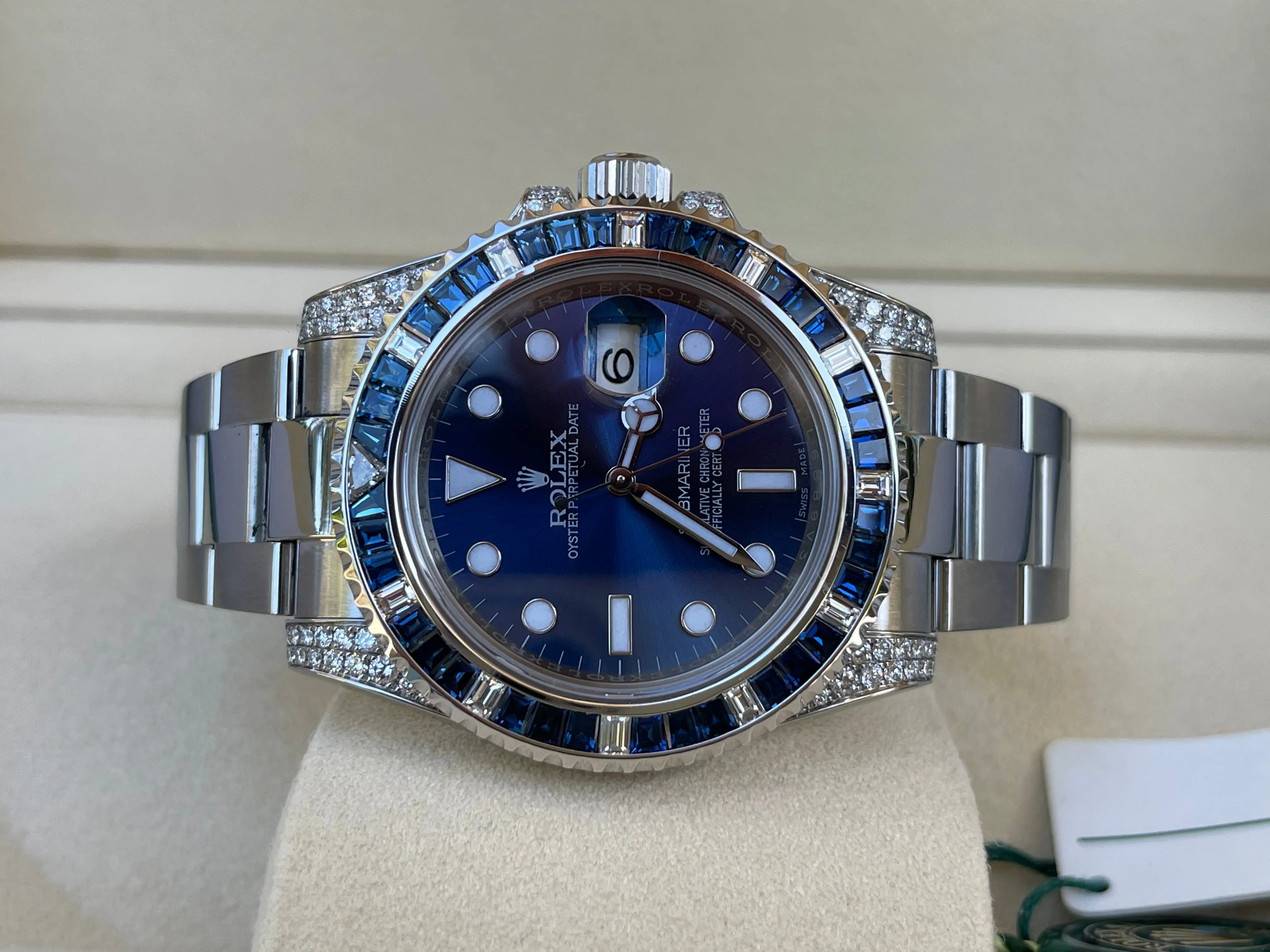 Rolex Submariner 116610LN 40mm Mens Stainless Steel Watch Custom Sapphire and Diamond Bezel for 116659 SABR Refinished Blue Dial Mint
