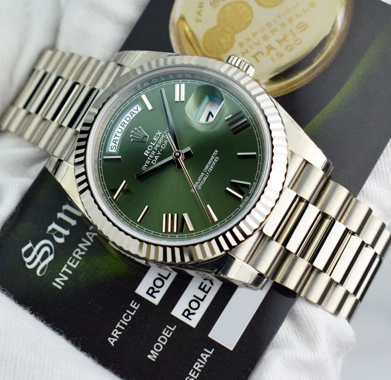 ROLEX White Gold DayDate 40 President Green Roman Model 228239