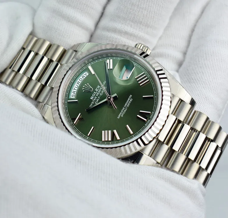 ROLEX White Gold DayDate 40 President Green Roman Model 228239