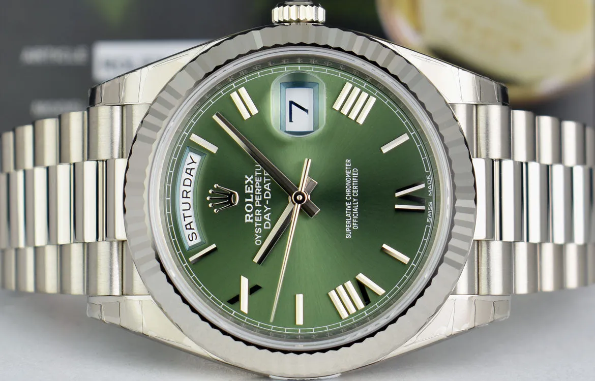 ROLEX White Gold DayDate 40 President Green Roman Model 228239