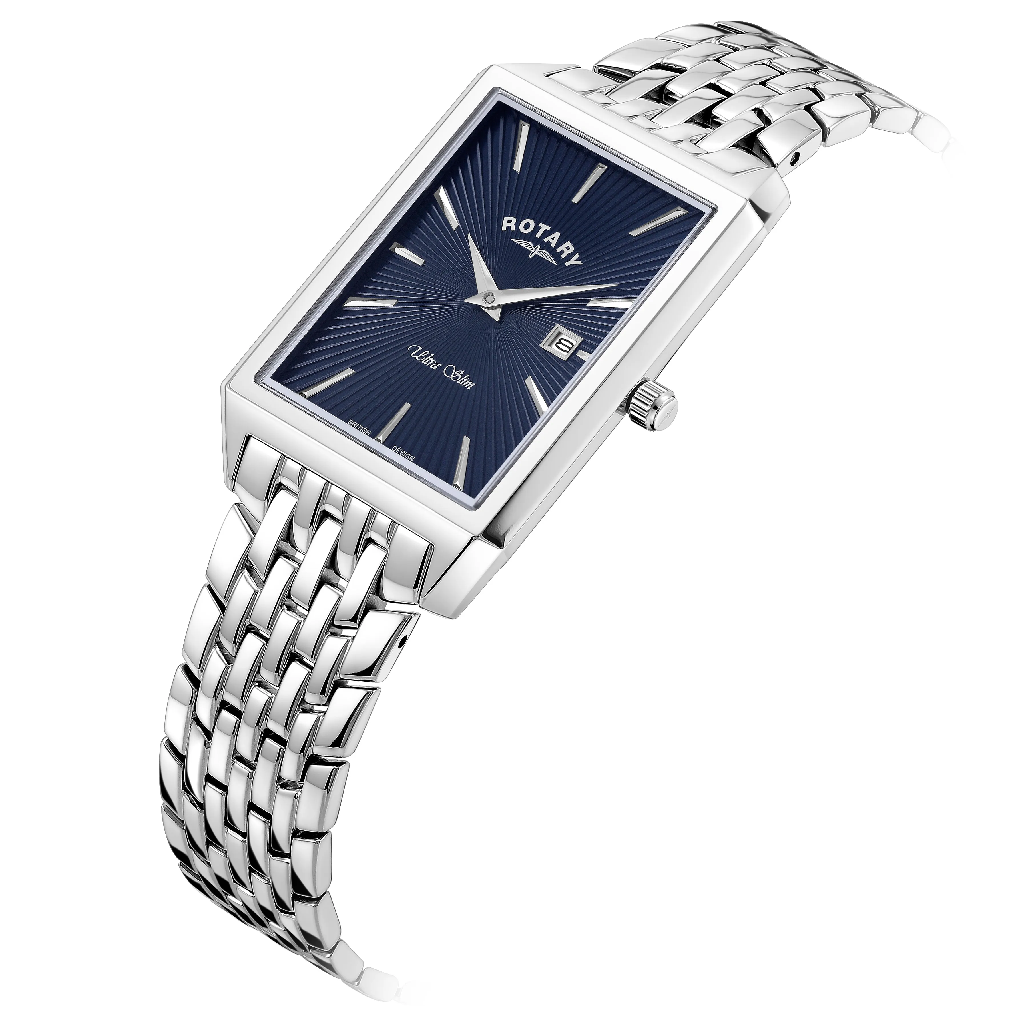 Rotary Ultra Slim Stainless Steel Blue Quartz Watch