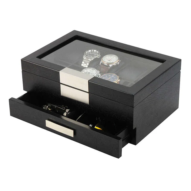 Seconds - Black Wooden Watch Box for 10 Watches with a Drawer (G)