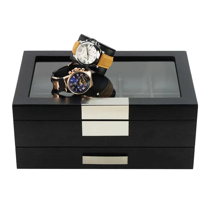 Seconds - Black Wooden Watch Box for 10 Watches with a Drawer (G)