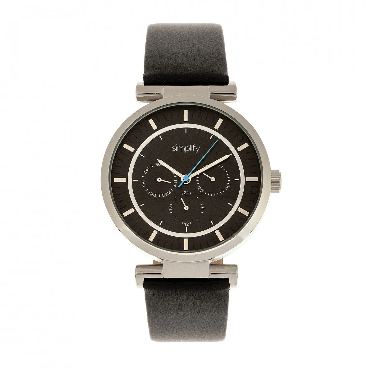 Simplify The 4800 Leather-Band Watch w/Day/Date - Black/Silver