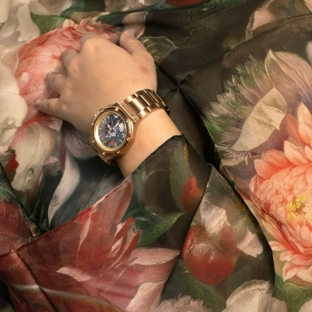 Van Huysum Vase of Flowers Watch with Rose Gold Band