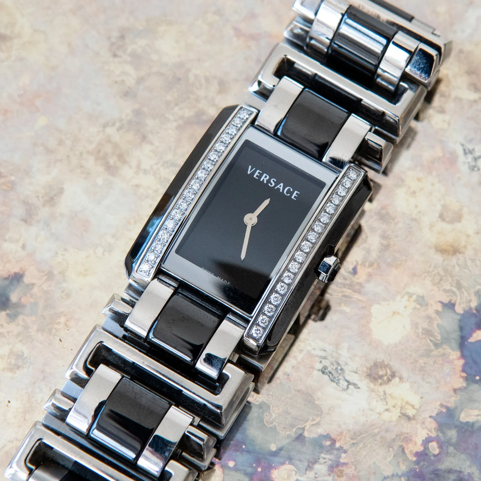 Versace Stainless Steel And Black Ceramic Diamond Watch