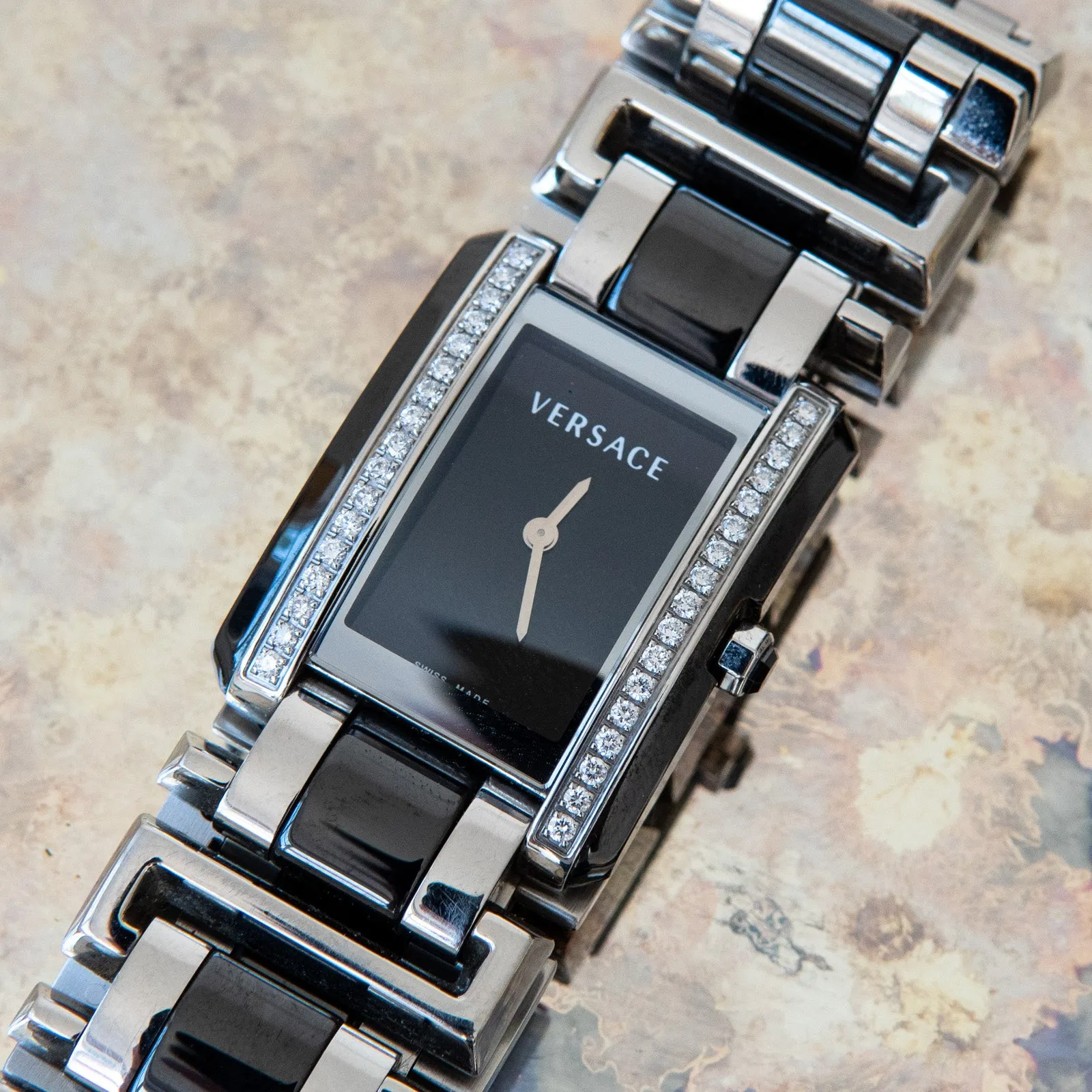 Versace Stainless Steel And Black Ceramic Diamond Watch