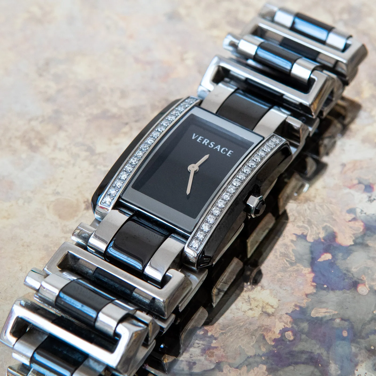 Versace Stainless Steel And Black Ceramic Diamond Watch
