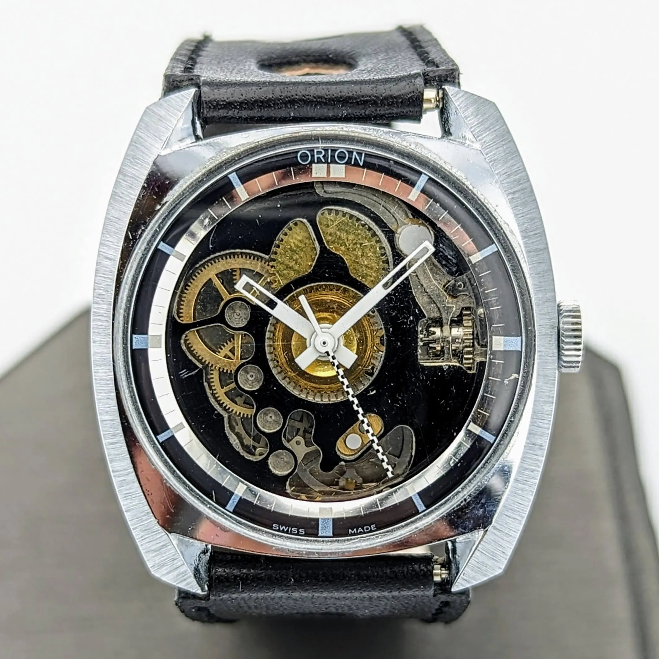 Vintage ORION Wristwatch Skeleton Design Watch Swiss Movement 1 Jewel Orig Strap
