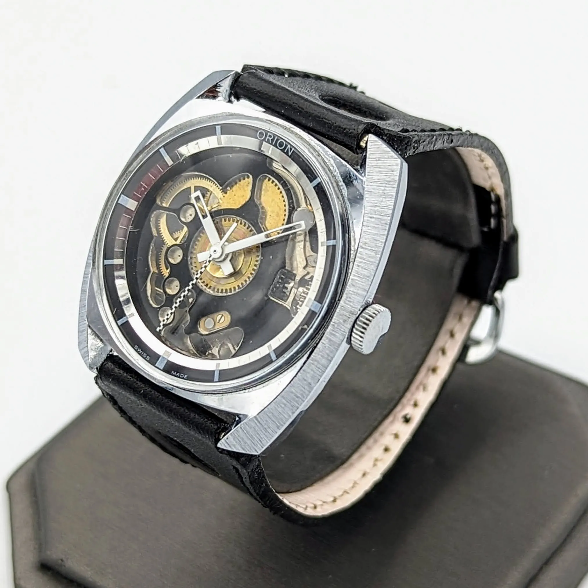 Vintage ORION Wristwatch Skeleton Design Watch Swiss Movement 1 Jewel Orig Strap